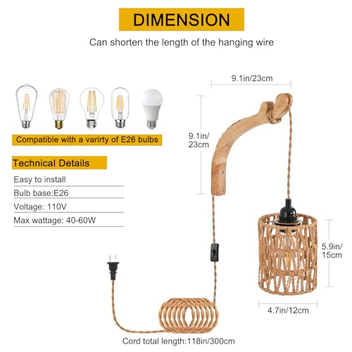 Plug in Wall Sconce,Farmhouse Wicker Wall Lamp Plug in,Hand Woven Rattan Wall Light Farmhouse Rustic Boho Sconces Wall Lighting for Living Room Bedroom - color: Wood+Rattan, size: 1 PACK