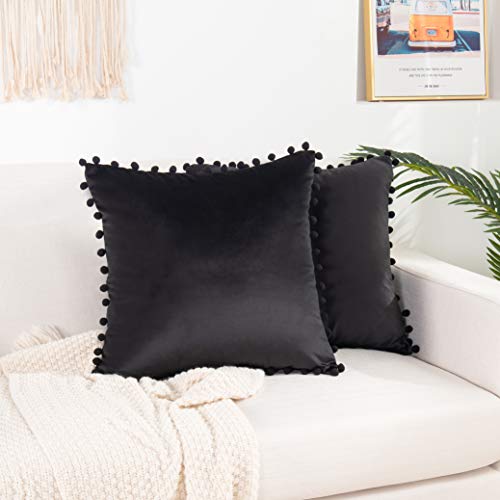 Elegant Comfort POM-POMS Fringe Velvet Cushion Covers Set of 2, Velvet Soft Solid Decorative Square Throw Pillow Covers Set Cushion Case for Couch Bed, Livingroom 20 x 20 Inch (50 x 50 cm), Black - color: Black, size: 20" x 20" (Pack of 2)