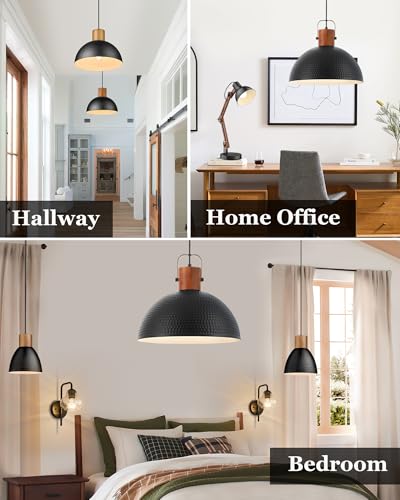 ELYONA 16 Inch Ash Wood Hammered Pendant Light Fixtures, Large Metal Dome Ceiling Hanging Lamp, Industrial Chandelier for Kitchen Island, Bar, Farmhouse, Dining Table, Hallway, Modern Black - color: Black - 1 Pack