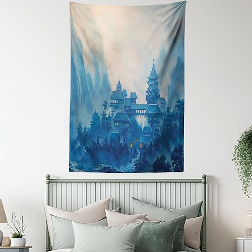 Ambesonne East Tapestry, Watercolor Painting Chinese Building Paint Mist at Night Oriental Image Illustration, Wall Hanging for Bedroom Living Room Dorm Decor, 40" X 60", Blue - color: Blue, size: 60"L x 40"W