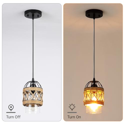 Black Farmhouse Boho Kitchen Island Pendant Light,Hand-Woven Rattan Pendant Lighting with Metal Cage Clear Glass Shade,Coastal Wicker Small Hanging Light Fixture Bedroom Dining Room Decor