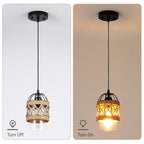 Black Farmhouse Boho Kitchen Island Pendant Light,Hand-Woven Rattan Pendant Lighting with Metal Cage Clear Glass Shade,Coastal Wicker Small Hanging Light Fixture Bedroom Dining Room Decor