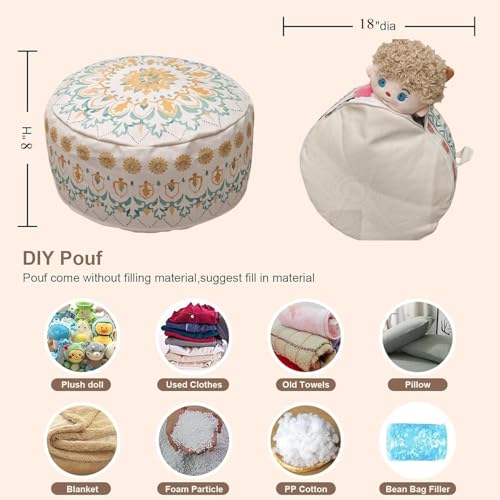 MOCOFO Round Bohemian Ottoman Pouf Cover, 18 Inch, Cotton Blend, Church Window Print, Living Room Storage Footrest, Cover Only (Light Tie-dye Cyan) - color: Light Tie-dye Cyan