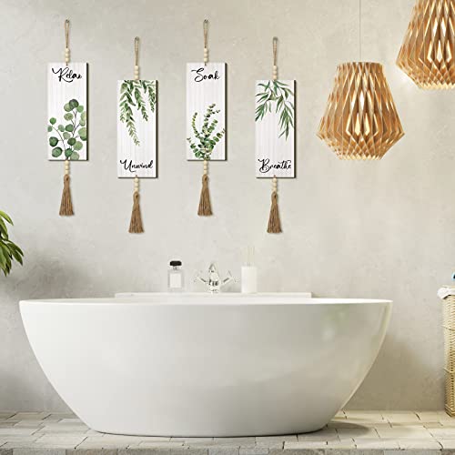 Qunclay 4 Pieces Boho Wall Decor for Bathroom 12 x 5 Inch Relax Soak Unwind Breathe Bathroom Sign with Beads Leaf Print Minimalist Botanical Wall Art Farmhouse Wooden Hanging Art(Green,Plant) - color: Green