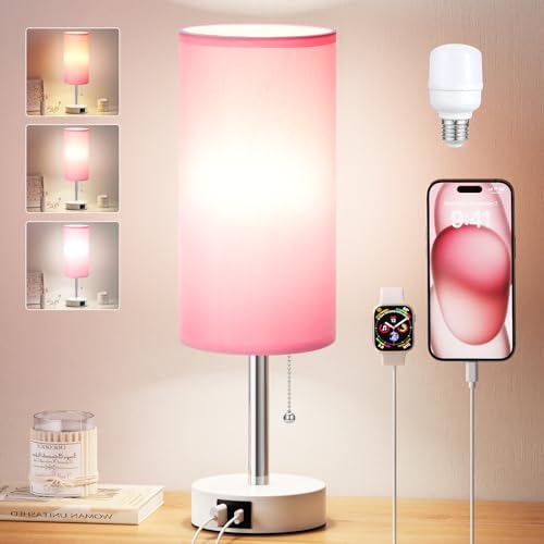 Dicoool Pink Bedside Table Lamp for Bedroom, Small Nightstand Lamp for Girls Kids, 3 Color Temperatures & USB Charging Port, Cute Desk Lamp for Teens Room Decor, Dorm Room Essentials - color: Pink-White
