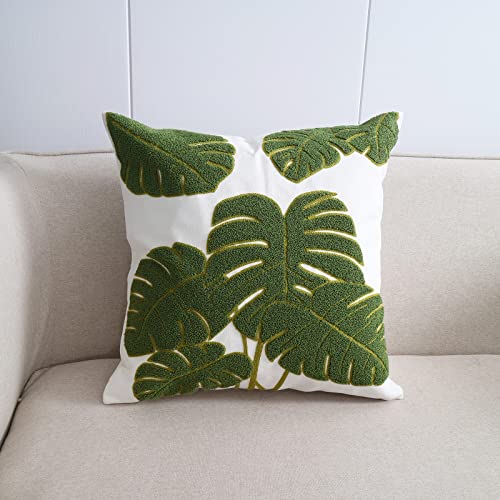 Embroidery Throw Pillow Cover 18x18 Green 7 Tropical Monstera Leaves Loop Plant Floor Pillow Cover for Couch Gift 100% Cotton Decorative Cushion Cover Home Décor Pillow Case 45x45cm, 1 Piece - color: 7 Green Monstera