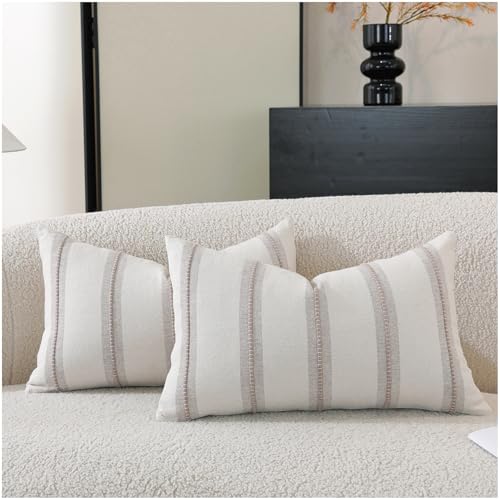 Cethom Boho Throw Pillow Covers 12x20 Set of 2, Taupe Striped Decorative Pillow Cases for Couch Chair Bed, Textured Farmhouse Modern Accent Cushion Covers for Living Room Bedroom Sofa Home Decor - color: Taupe, size: 20" x 12" (Pack of 2)
