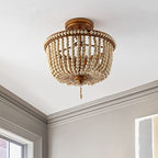 JONATHAN Y 14" Antique Gold/Light Taupe Wood Beaded LED Semi Flush Mount Light, Boho Farmhouse 3-Light Ceiling Chandelier with Cream Wood Bead Shade for Nursery, Bedroom (JYL9020C) - color: Antique Gold/Light Taupe