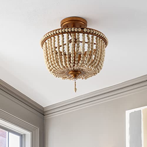 JONATHAN Y 14" Antique Gold/Light Taupe Wood Beaded LED Semi Flush Mount Light, Boho Farmhouse 3-Light Ceiling Chandelier with Cream Wood Bead Shade for Nursery, Bedroom (JYL9020C) - color: Antique Gold/Light Taupe