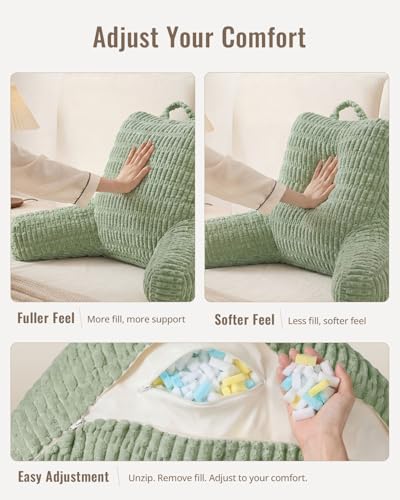 Blissful Diary Reading Pillow, Backrest Pillow with Shredded Memory Foam for Adult & Children, Designed for Bed and Couch Sitting Up, Includes Arms, Pockets and Washable Cover, Sage Green - color: Textured Sage Green, size: Standard(18inch)