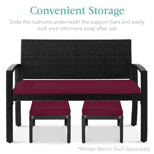 Best Choice Products Set of 2 Wicker Ottomans, Multipurpose Outdoor Furniture for Patio, Backyard, Additional Seating, Footrest, Side Table w/Removable Cushions, Steel Frame - Deep Burgundy/Black - color: Deep Burgundy/Black