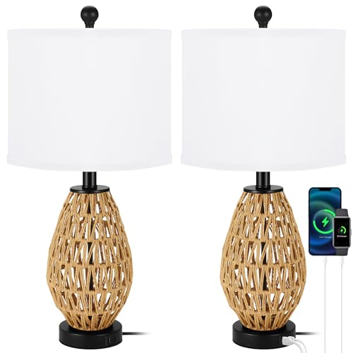 Coastal Table Lamps Set of 2, Retro Rattan Woven 24" Bedside Lamp, for Bedroom Living Room Home Nightstand Table Lamp(with USB C+A 5V 2.1A Charging Ports)