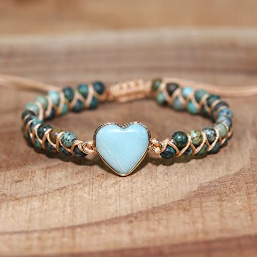 Women Boho Wrap Bracelet,Handmade Natural Stone Crystal Emperor Beads Heart Bracelet, Fashion Bohemian Jewelry Gift for Women - color: African Turquoise 2#