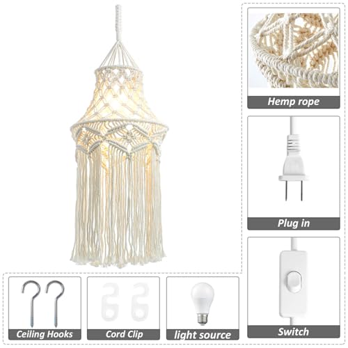 Boho Lamp Plug in Pendant Light, 15 FT Hanging Lights with Plug in Cord, Hanging Lamp with Handmade Macrame Lamp Shade, On/Off Switch, Hanging Light Fixture for Bohemian Decor Bedroom Living Room - color: White