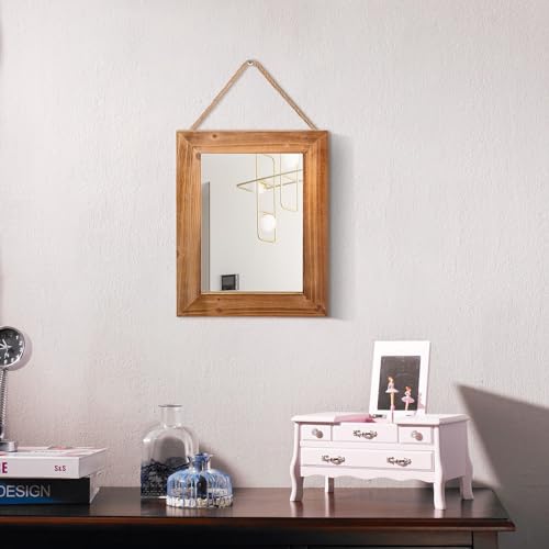 Wall Decorative Mirror 12 x 16 Inch Rust Farmhouse Rectangular Mirrors Wood Frame Mirror with Hanging Hemp Rope for Bedroom, Bathroom, Living Room, Entryway (Brown)