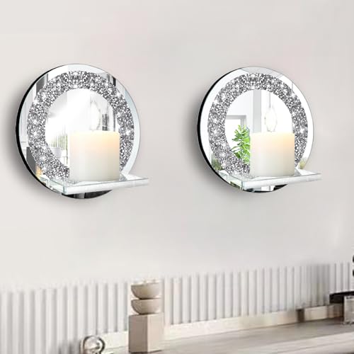 ZOLAPI Set of 2 Crystal Crush Diamond Candle Sconces, Gorgeous Silver Mirrored Wall Sconce, Candle Holder Glass Wall Decorations for Home Décor, Living Room, Dining Room.Round - color: Silver Mirror ◎