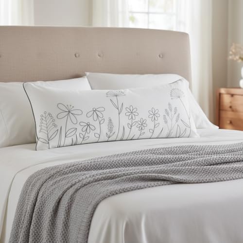 Sunkifover Floral Throw Pillow Cover 14x36 Inch Cotton Embroidery Rectangular Cushion Cover, White and Grey Lumbar Decorative Farmhouse Pillowcase for Bed, Living Room, and Bedroom - color: Wild Flowers, size: 36" x 14"