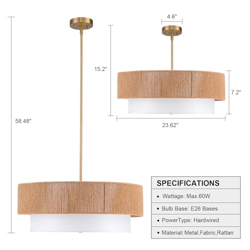 24'' Farmhouse Rattan Chandeliers for Dining Room,3-Light Boho Light Fixtures Rattan Pendant Light Fixture with Fabric Shade Drum Chandeliers for Bedroom Dining Room Foyer Kitchen Hallway - color: Gold, size: 24 inch Drum