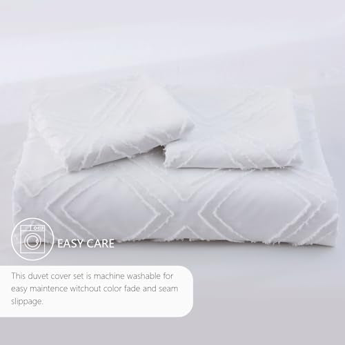 Duvet Cover Queen Size, 3PCS Boho Duvet Cover Set, Geometric Pattern Tufted Bohemian Comforter Cover Jacquard Knit Textured Bedding Set with Zipper Closure - color: White-02, size: Queen