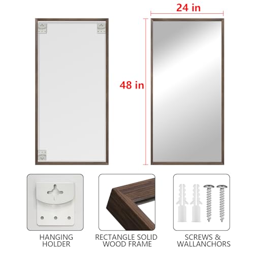 Walnut Wood Bathroom Mirrors for Wall Mounted, 48" x 24" Rectangle Rustic Wood Framed Wall Mirror, Decorative Farmhouse Mirror for Bathroom, Bedroom, Entryway, Horizontally/Vertically - color: Walnut, size: 48"L x 24"W