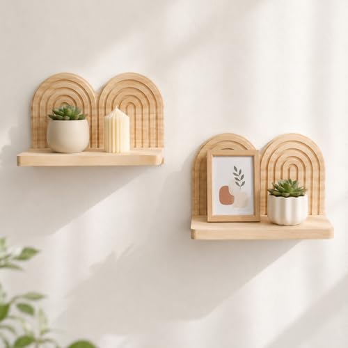 Artilady Boho Shelf Wall Decor Wood Floating Shelves, Arched Rainbow Wall Art, Hanging Plant Holder for Entryway Bedroom Living Room (Beige 2) - color: Beige 2