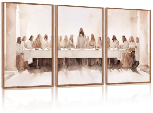 CHDITB Jesus Last Supper Framed Canvas Wall Art Set Of 3, Christian Twelve Apostle Wall Decor, Scripture Jesus Wall Painting,Bible Renaissance Easter Art Prints For Dining Room Church (12X16 Inch) - color: Jesus wall art
