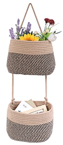 Over The Door Hanging Basket, 2 Tier Cotton Rope Woven Wall Basket, Magazine Racks Hanging Organizer, Decorative Hanging Storage Baskets for Organizing Living Room, Bathroom and Bedroom (Jute-black) - color: Jute-black