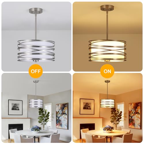 ACNKTZ 12.6'' Brushed Nickel Drum Chandelier, 3-Lights Hanging Dining Room Light Fixtures Over Table, Simple Round Pendant Lighting for Kitchen Island Hallway Bedroom Foyer Bathroom Office - color: Brushed Nickel, size: 12.6"/3-Light