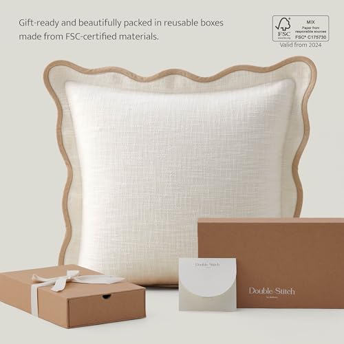 Double Stitch Scalloped Throw Pillow Covers - 100% Cotton Decorative Boho Pillow Covers 18 x 18, Made in India, Square Cushion Case, Modern Home Decor for Couch Sofa Living Room, Cream - color: Cream, size: 18" x 18" (Pack of 1)