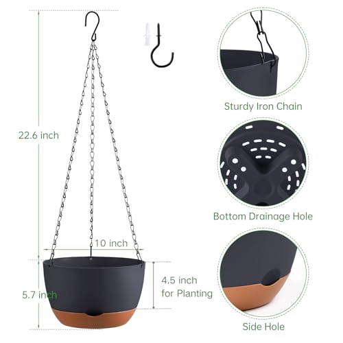 Set of 2 Hanging Planters for Indoor Outdoor Plants, 10 Inch Self-Watering Hanging Flower Pots with Drainage Hole & Removable Water-Storage Tray (Hooks) - color: Dark Grey, size: 10 Inch (M)