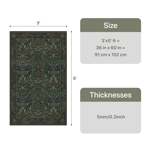 Bavni 3x5 Area Rugs for Living Room, Floral Rug Machine Washable Non Slip, Vintage Boho Forest Carpet, Soft Low Pile Thin Lightweight Rugs for Bedroom, Farmhouse, Dining Room Office, Dark Green - color: Dark Green, size: 3' x 5' (Rectangular)