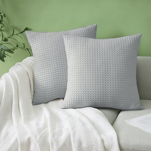 100% Egyptian Cotton 600 TC Waffle Weave Throw Pillow Covers 2 Pack, Ultra Soft Breathable Euro Pillow Shams Covers, Decorative Cushion Covers for Bed Couch Sofa Car, No Insert, Gray, 18" x 18" - color: Grey, size: 18" x 18" (Pack of 2)