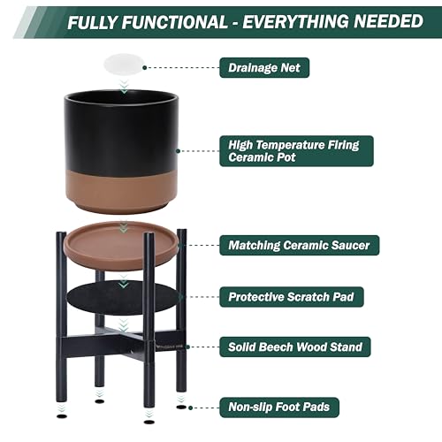 D'vine Dev Ceramic Planter with Ebony Stand - 10 Inch Modern Round Flower Pot with Wood Planter Holder, Black/Speckled Tan, 55-B-L-7 - color: Black/Speckled Tan Pot + Ebony Stand, size: 10 Inch