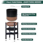 D'vine Dev Ceramic Planter with Ebony Stand - 10 Inch Modern Round Flower Pot with Wood Planter Holder, Black/Speckled Tan, 55-B-L-7 - color: Black/Speckled Tan Pot + Ebony Stand, size: 10 Inch