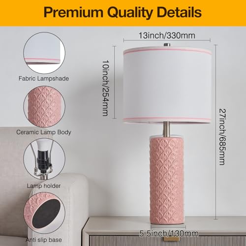 27" Farmhouse Bedside Table Lamp Set of 2, Pink Modern Ceramic Lamps for Living Room, 3 Color Temperature Rustic Table Lamps for Bedroom, Night Stands, Dorm,Office, Home Décor (Bulb Included - color: Pink, size: 27"