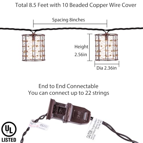 Outdoor Patio String Lights Plug in with 10 Incandescent Bulbs, Handwoven Beaded Copper Wire Style Decorative Lantern String Lights Connectable Weatherproof for Pergola, Porch, Mantel, Indoor Decor