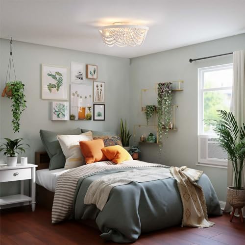 Boho Ceiling Fan with Lights Flush Mount,20 Inch Bohemia White Wood Bead Close to Ceiling Fan Light, 4 Lights Low Profile Enclosed Ceiling Fans with Remote Control for Bedroom Living Room Kitchen - color: White