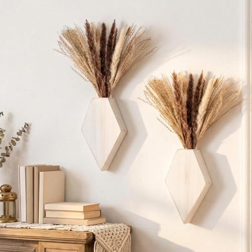 2 Pcs Bohemian Wooden Wall Planter Set with Pampas Grass Modern Farmhouse Wall Decor for Living Room, Bathroom, Bedroom, Office(White Distressed,Regular Style) - color: White Distressed, style: Regular Style