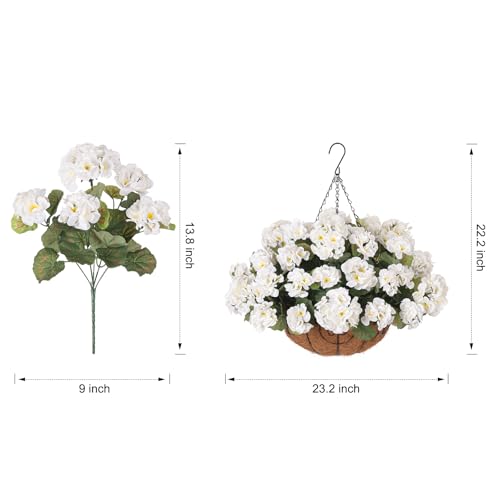 INSPRING Geraniums Artificial Flowers Hanging Basket for Outdoors Outside Spring Decoration, 8 Bundles Silk Flowers Fake Plants Look Real UV Resistant for Porch Home Patio Balcony Yard, White - color: White