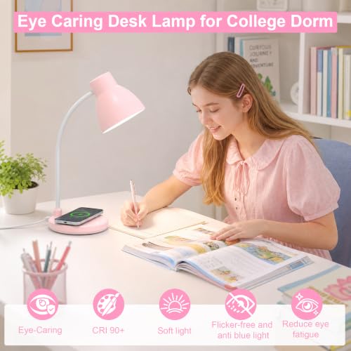 Desk Lamps for Home Office - LED Desk Lamp with Wireless Charger, 3 Color Modes Dimmable Eye-Caring Study Reading Desk Light, Small Flexible Arm Table Lamp for College Dorm Room Bedside, Pink - color: Pink