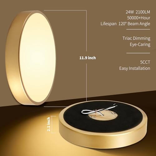Flush Mount Ceiling Light Gold 12 Inch LED Dimmable Ceiling Light 24W 5CCT(2700K-5000K) Bedroom Lamp Entryway for Bedroom Foyer Kitchen Entryway Closet Hallway - color: Gold