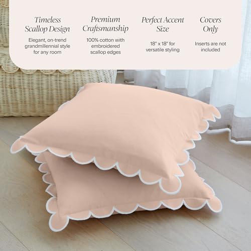 BEBE BASK Scalloped Pillow Cover - Set of 2-18 x 18 Inch - Scallop Pillow Covers – Peach Pink Scalloped Pillows - Scallop Pillows - 100% Cotton - Grandmillennial Style (Peach Pink/White) - color: Peach Pink/White
