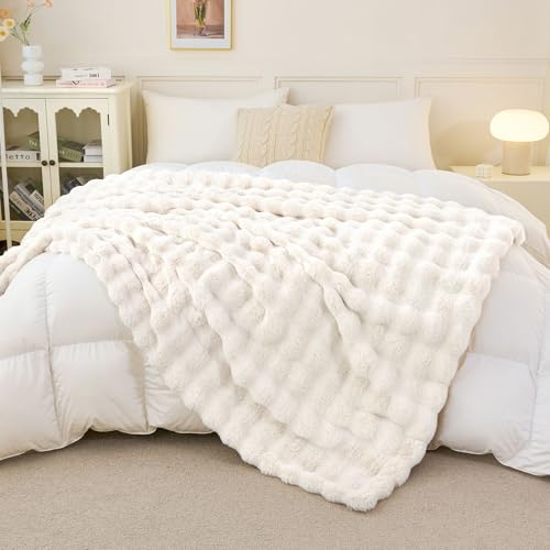 Faux Rabbit Fur Throw Blanket for Couch, Fluffy Warm Plush Thick Bubble Blanket for Bed Sofa Living Room, Soft Cozy Furry Blanket Home Decor, 50x60 inches, Cream White - color: Cream White, size: Throw50"x60"