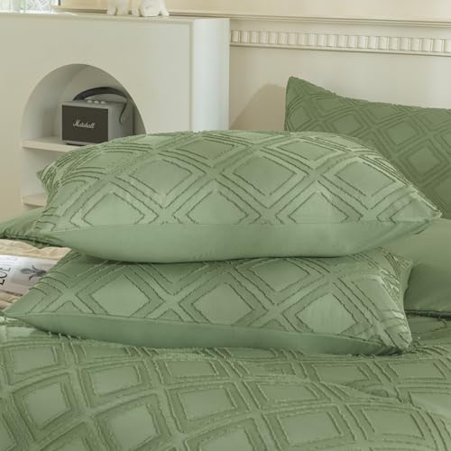 JELLYMONI Pillowcases King Size Light Green 2 Pack Boho Plaid Bed Pillow Covers 20x36in Polyester Envelope Pillow Shams Tufted Bohemian Textured (Pillows are not Included) - color: 02 - Light Green - Grid, size: 36" x 20" (Pack of 2)