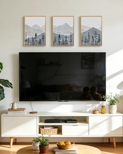 KUVIOKE Mountain Landscape Framed Wall Art Watercolor Nature Forest Painting Boho Farmhouse Rustic Home Decor 11x14in (Natural Framed) - color: Green Mountain, size: 11 x 14in x 3 Panels Natural