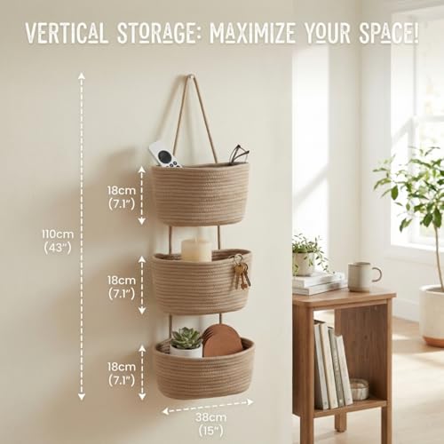 Hanging Wall Basket, Over the Door Hanging Basket with Hooks, Cotton Back of Door Organizer for Living Room, Bedroom, Boho Wall Decor, Toy Storage, Jute - color: Jute