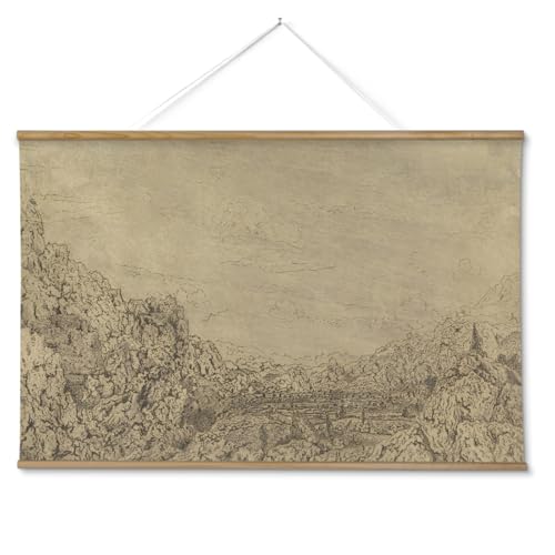 ARPEOTCY Extra Large Vintage Framed Wall Art, 36x54 Inch Sketch Valley Mountain Landscape Hanging Canvas Prints, Scroll Wall Decor for Living Room Bedroom, Retro Scenery Pictures Above of Bed - color: Sketch the Valley