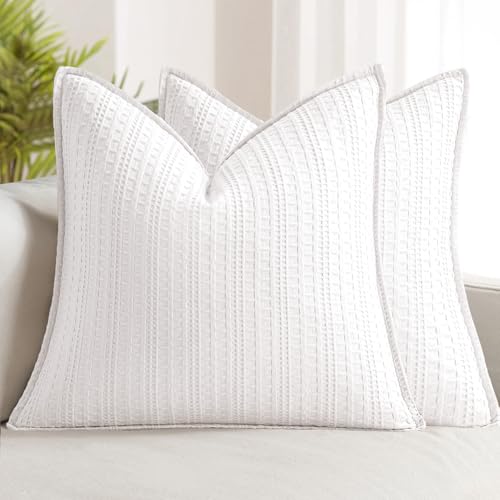 Set of 2 Decorative 100% Cotton Waffle Euro Sham Pillow Covers 24x24, Neutral Throw Pillows Weave European Cushion Cases for Couch Sofa Bed Modern Farmhouse Home Decor, White - color: White, size: 24" x 24" (Pack of 2)