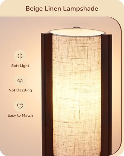 EDISHINE Wood Table Lamp, 13.5" Small Bedside Lamp, Beige Linen Shade, Rosewood Cylinder Nightstand Lamp for Bedroom Living Room, On-Off Line Switch, E26 Base (Bulb Not Included) - color: Dark Walnut Color