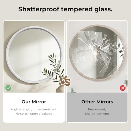 WallBeyond 28 Inch Round Wood Mirror, Large Circle Wooden Frame Wall Mirror for Bathroom, Living Room, Bedroom, Entryway (White) - color: White, size: 28"L x 28"W